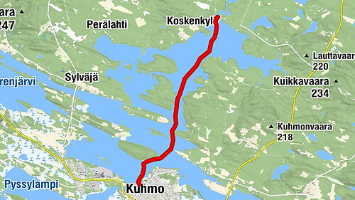 Paddling from the town center to Lentuankoski, 8/16 km, Kuhmo