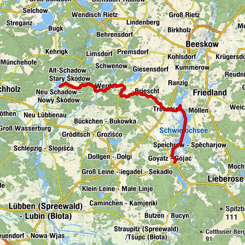 Alt-Schadow - Stary Škódow - Hüttenplatz - Amalienhof - Hafen Goyatz Fahrgastschifffahrt "Schwielochsee"