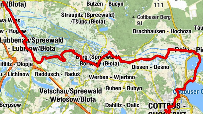 Cottbus - Chóśebuz - Sanzeberg - Schlossberg - Lübben (Spreewald) - Lubin (Błota)