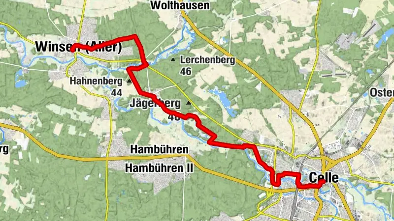 Jacobusweg Etappe 17: Wegverlauf Naturpark Südheide - Celle bis Winsen (Aller)