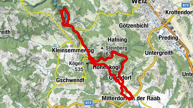 Kleine Raabklamm über Hohenkogl: Parkplatz vor dem Ortskern Oberdorf- Bärntal - Kleine Raabklamm - über Hohenkogl - retour nach Oberdorf